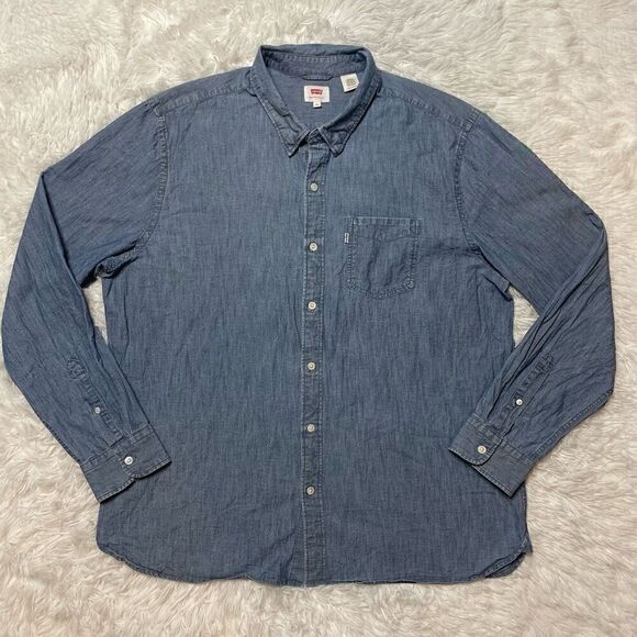 Levis Mens 2XL Blue Denim Casual Button Down Shirt Front Pocket 100% Cotton - Picture 1 of 10